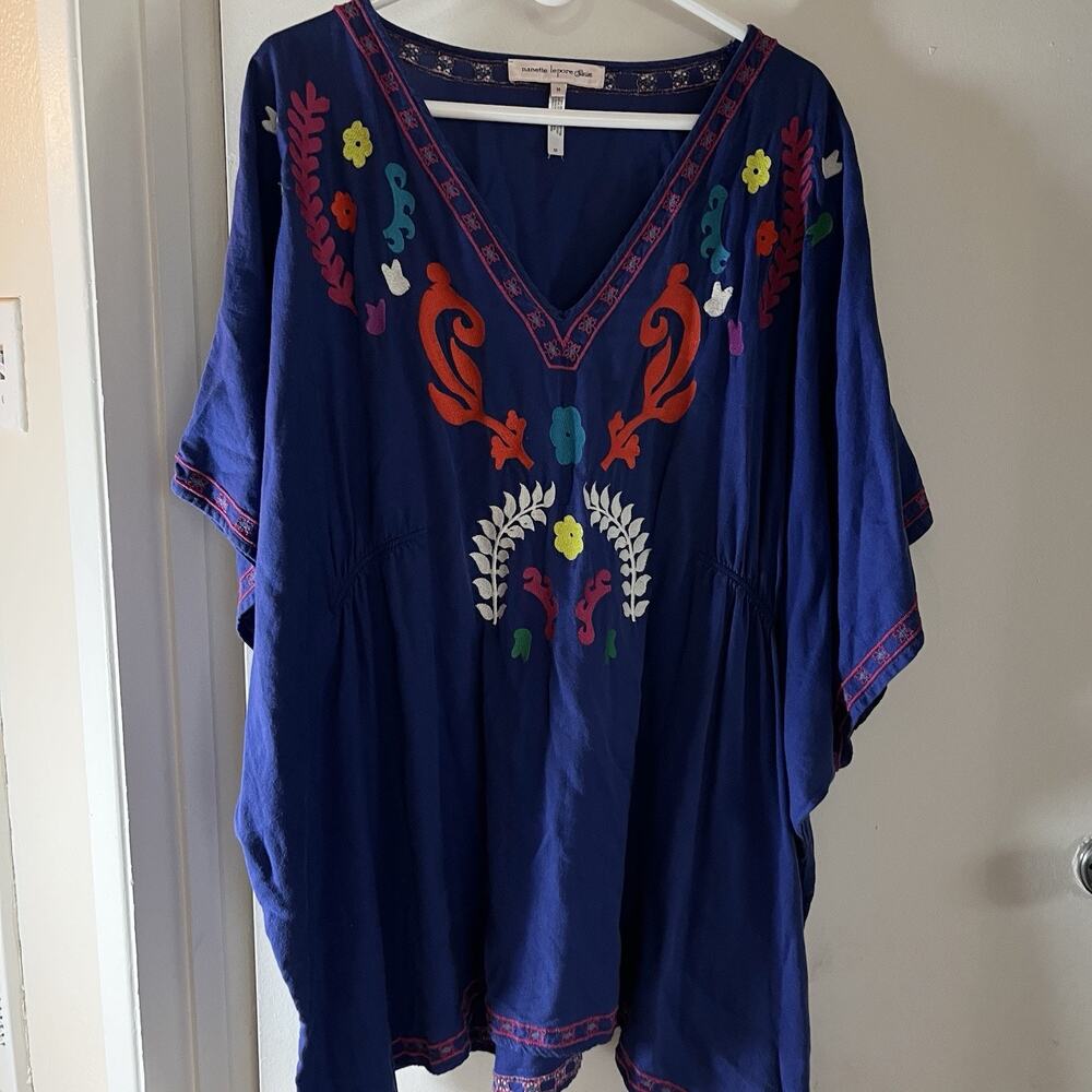 Nanette Lepore Blue Sz M Caftan Cover-Up Dress Embroidered V Neck Boho Beach